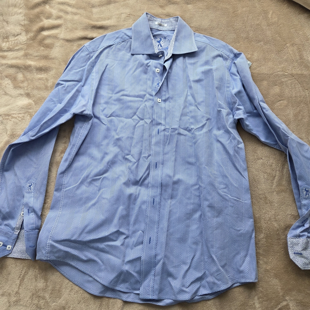 MEN'S BUGATCHI SHAPED FIT BUTTON DOWN BLUE LONG SLEEVE DRESS SHIRT